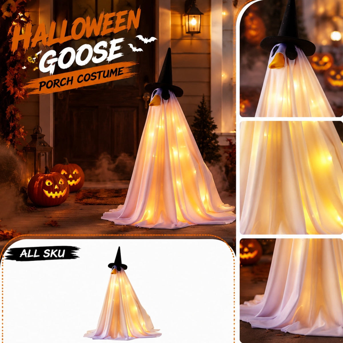 Outdoor Holiday Yard Decor, 23 Inch Porch Goose Outfits, Halloween Pumpkin Themed Porch Goose Clothes, Porch Goose Set with Hat and Treat Bag, Fits Standard 23 Inch Large Porch