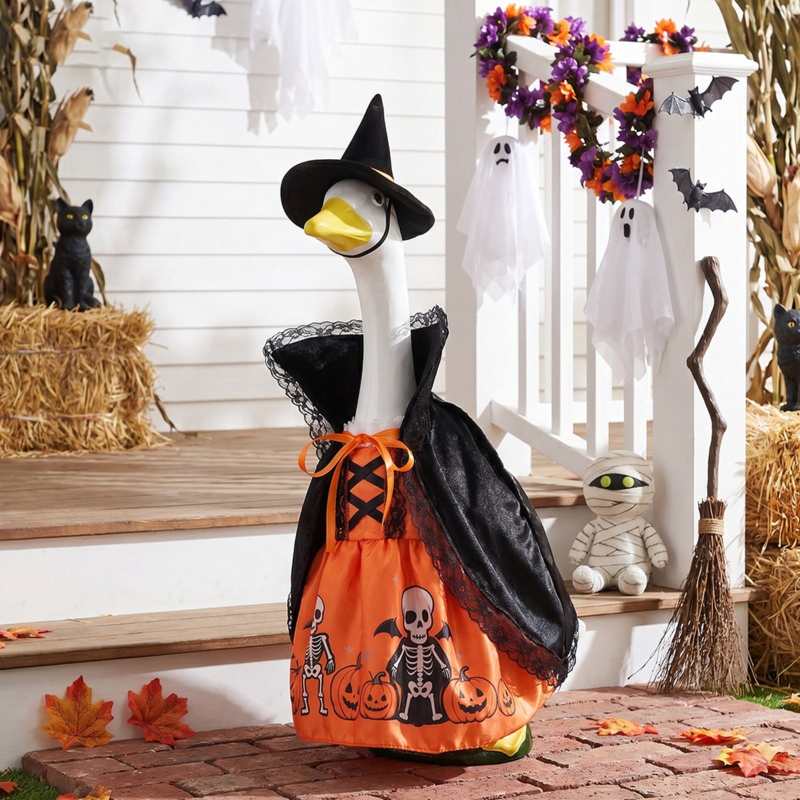 Outdoor Holiday Yard Decor, 23 Inch Porch Goose Outfits, Halloween Pumpkin Themed Porch Goose Clothes, Porch Goose Set with Hat and Treat Bag, Fits Standard 23 Inch Large Porch