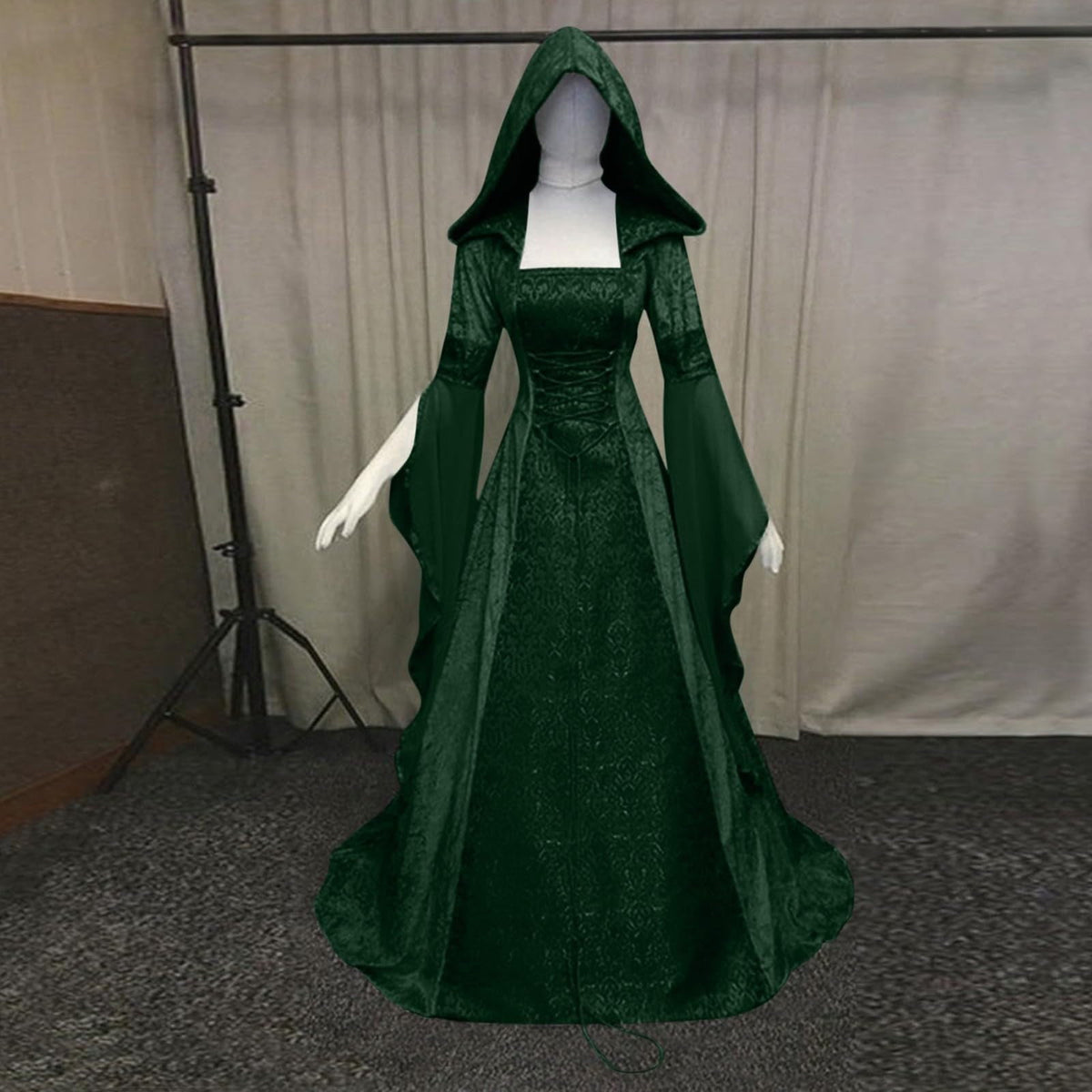 Medieval Renaissance Hooded Dress for Women, Silver Gothic Witch Costume with Lace-Up Corset, Vintage Velvet Long Sleeve Gown for Halloween Cosplay Renaissance Wedding Themed Party-Dark Blue/L