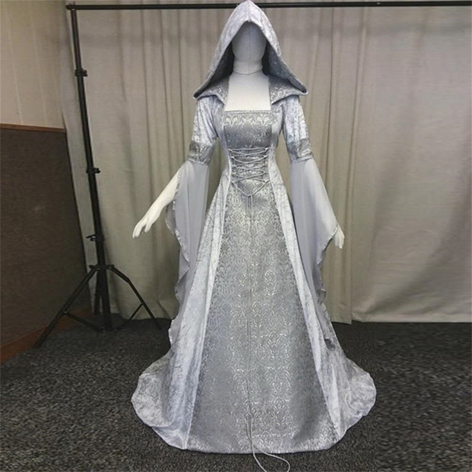 Women Gothic Cold Shoulder Midi Dress, Sheer Flare Bell Sleeve Front Corset Irregular Witch Costume Dress, Adult Halloween Dark Aesthetic Vintage Formal Evening Cosplay Party Outfit(Navy-2/M)