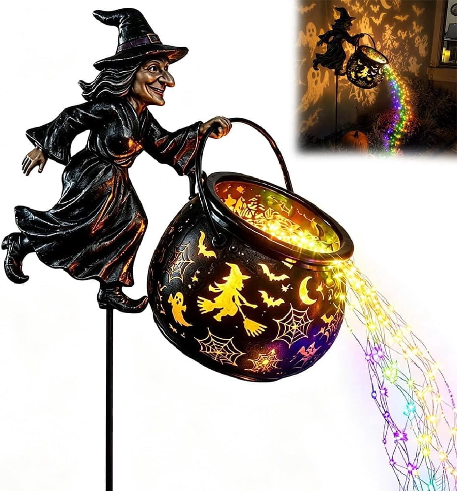 Light up Halloween Decor - Witch Cauldron Garden Light with Stake, Multicolor Potion Cascade & Cutout Shadow Projection, Outdoor Yard for Porch Lawn Patio, Party & Seasonal Display