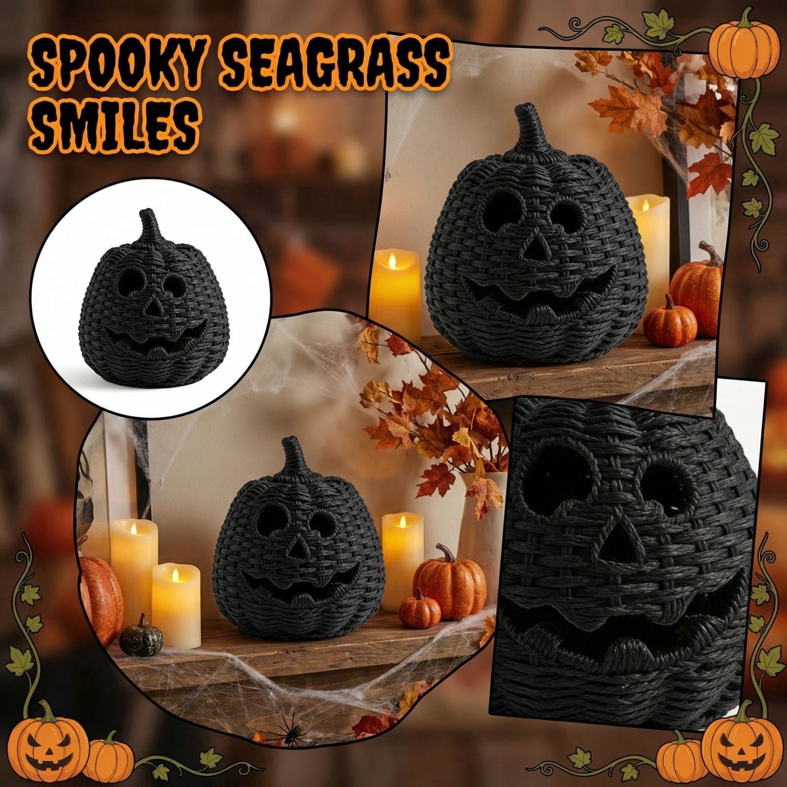 2026 Halloween Black Woven Seagrass Pumpkin Storage Basket with Lid, Fall Indoor Home Decorations for Halloween Party Home Halloween Decor, 10.2 inch