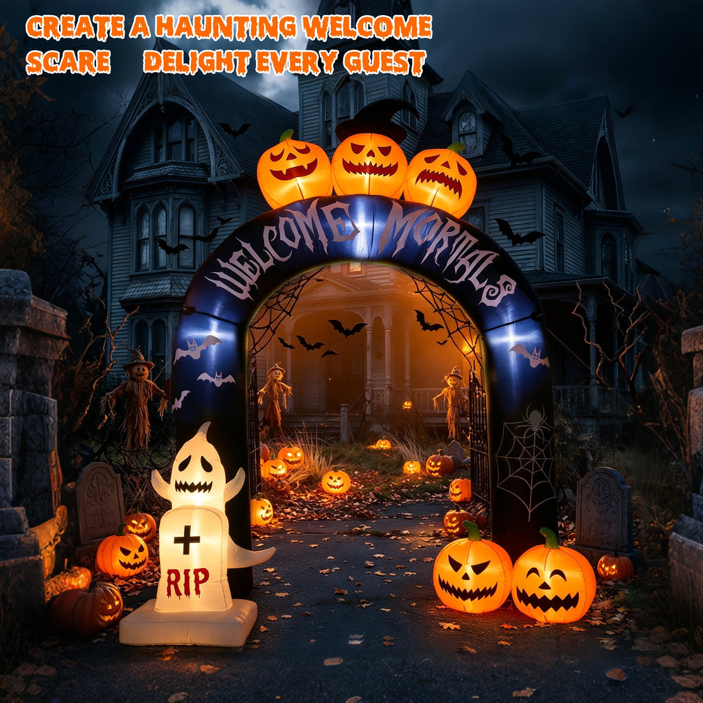 MAGOTAN 9 FT Halloween Inflatables Archway Outdoor Decorations Pumpkin Ghost Archway Halloween Inflatable Blow Up Pumpkin Tombstone Decoration Build-in LED Lights