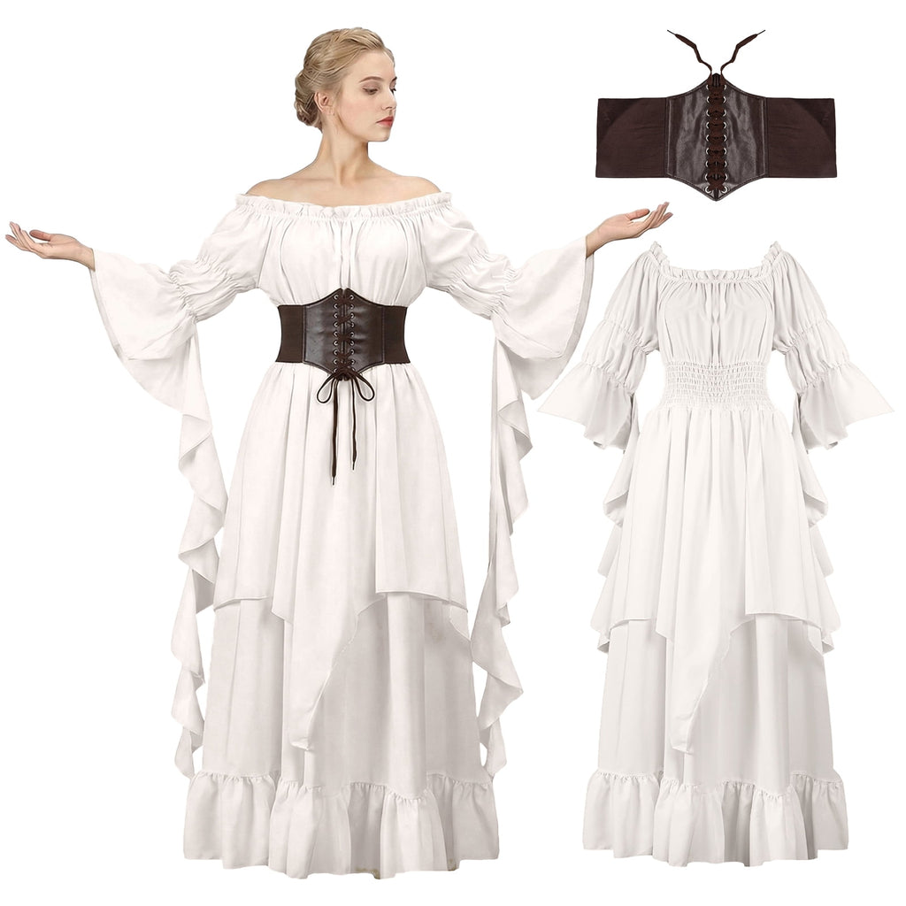 IROOZIGOTO Womens White Medieval Renaissance Maxi Dress Off Shoulder Long Flare Sleeve with Brown Lace Up Corset Belt Halloween Cosplay Costume