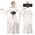 IROOZIGOTO Womens White Medieval Renaissance Maxi Dress Off Shoulder Long Flare Sleeve with Brown Lace Up Corset Belt Halloween Cosplay Costume