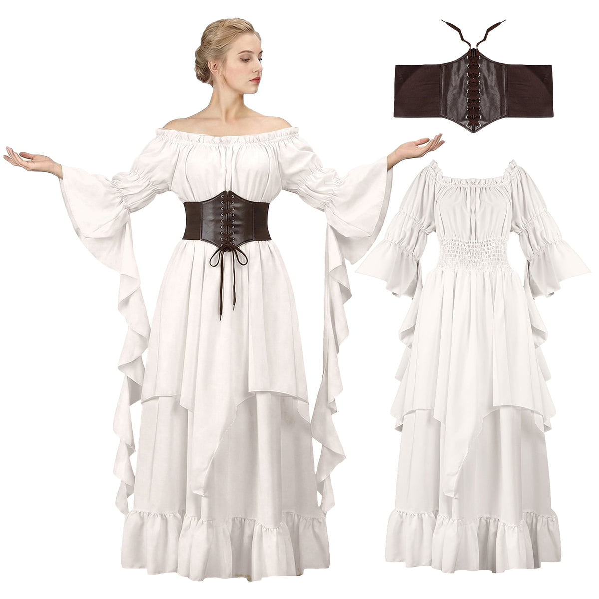 IROOZIGOTO Womens White Medieval Renaissance Maxi Dress Off Shoulder Long Flare Sleeve with Brown Lace Up Corset Belt Halloween Cosplay Costume