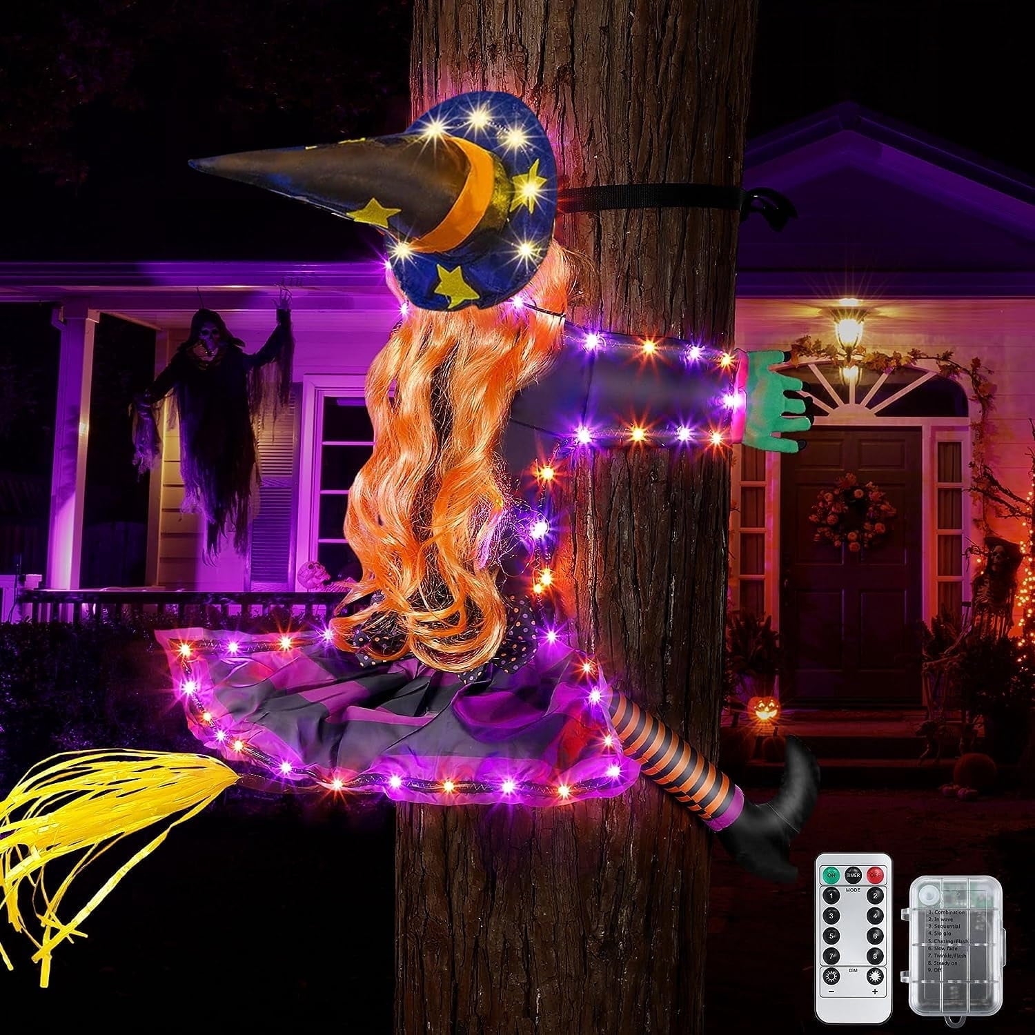 DAKIMOE Halloween Decoration Outdoor Witches Crashing Into Tree with Colorful LED Lights Crashed Witch Props Halloween Hanging Decorations for Indoor House Outdoor Yard Patio Decor 44''x33'' Orange