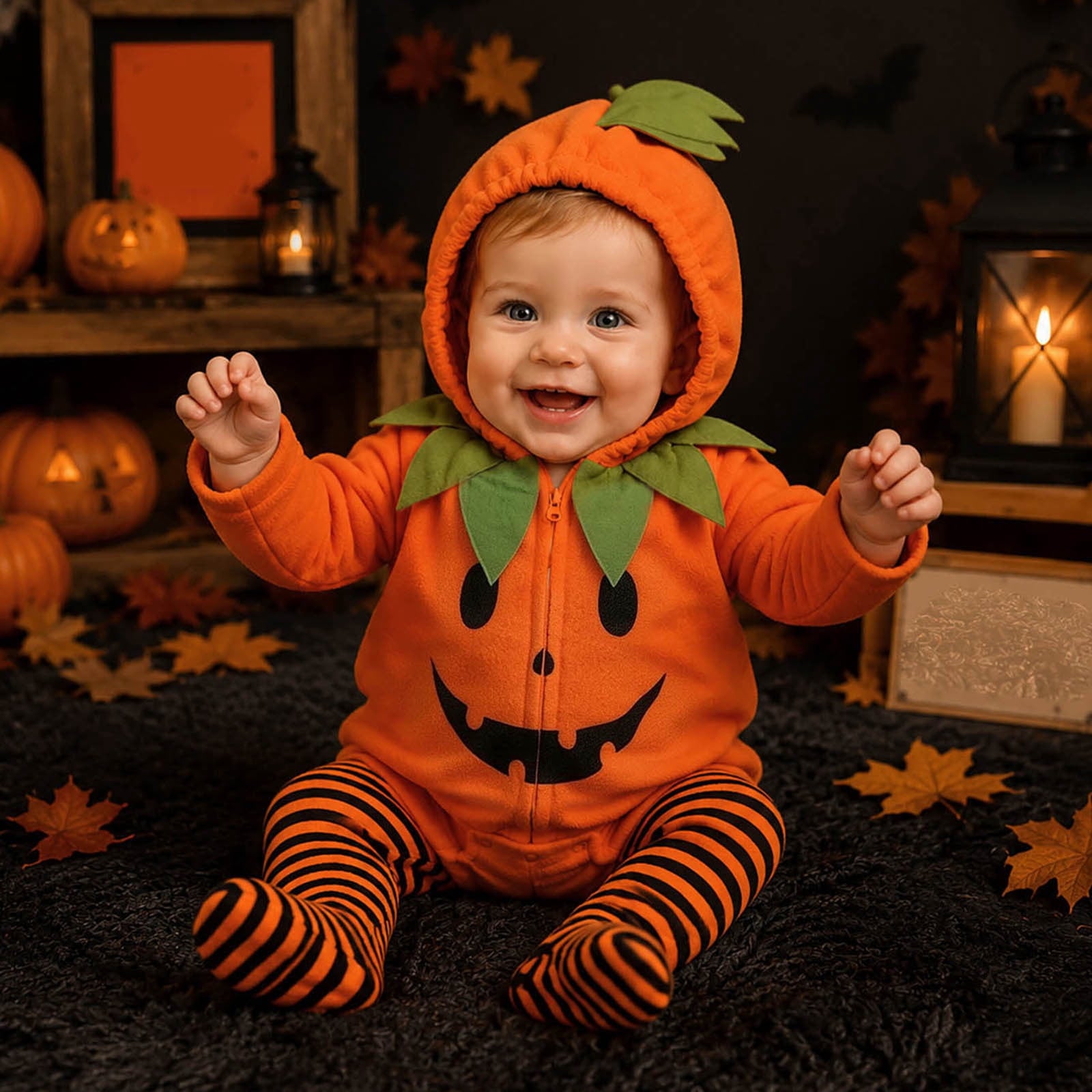 Newborn Infant Cute Jack-O-Lantern Costume Halloween Bodysuit and Striped Leggings Set Fall Holiday Fancy Dress Up Outfit for Boys Girls Party Festival