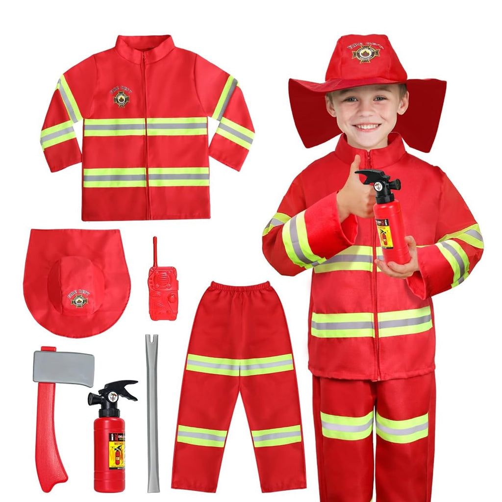 JCCXIN Child Toddler Boys Girls Halloween Fireman Outfits Career Role Play Dress-Up Party Clothes Coat And Pants With Accessories Set Trick Or Treat School Carnival Funny Outfit Sets,Red,4-5 Years