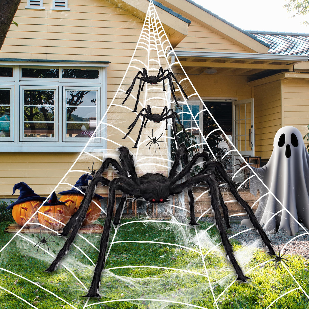 JEEXI Full Set of Halloween Decorations Outdoor 200'' Triangular Spider Web +3 Giant Fake Red Eyes Spiders, Halloween Décor Indoor for Home, Outside Yard Costumes Party Haunted House Garden Lawn