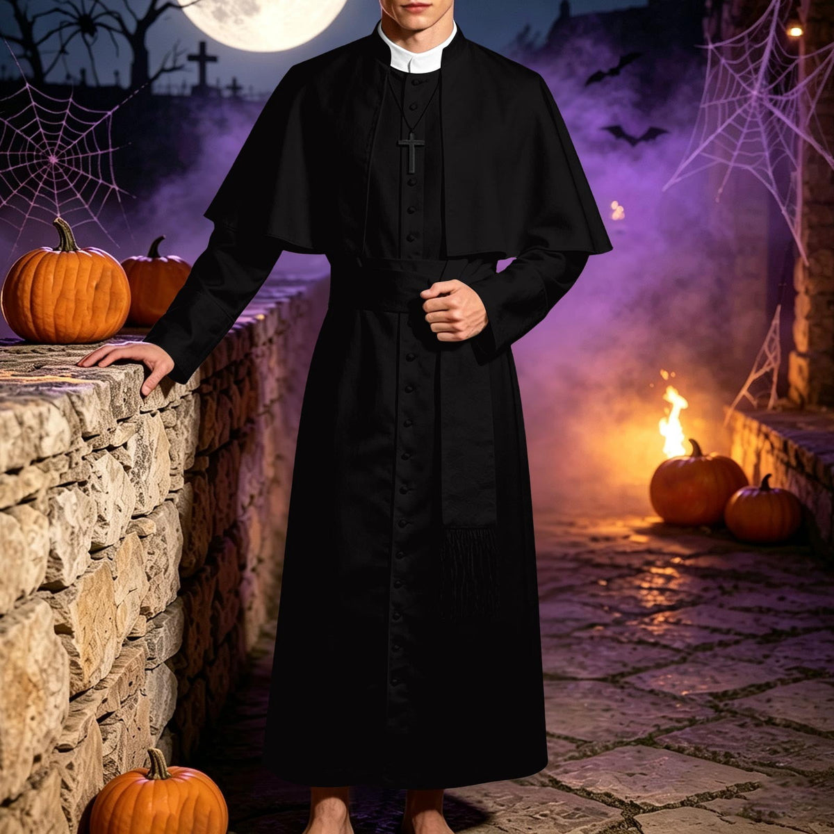 JOANKDMI Catholic Priest Costume for Men Clergy Cassock Robe with Capelet and Sash Halloween Party Outfit Religious Father Minister Fancy Dress for Men