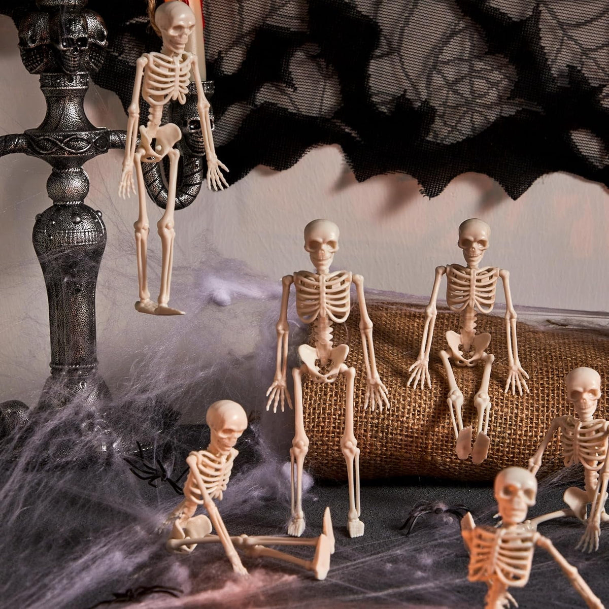 Joyfy 5 Pcs Halloween Skeleton Decorations,16 inch Full Body Poseable Skeleton with Movable Joints for Halloween Indoor Outdoor Party,Graveyard,Haunted House Accessories,White
