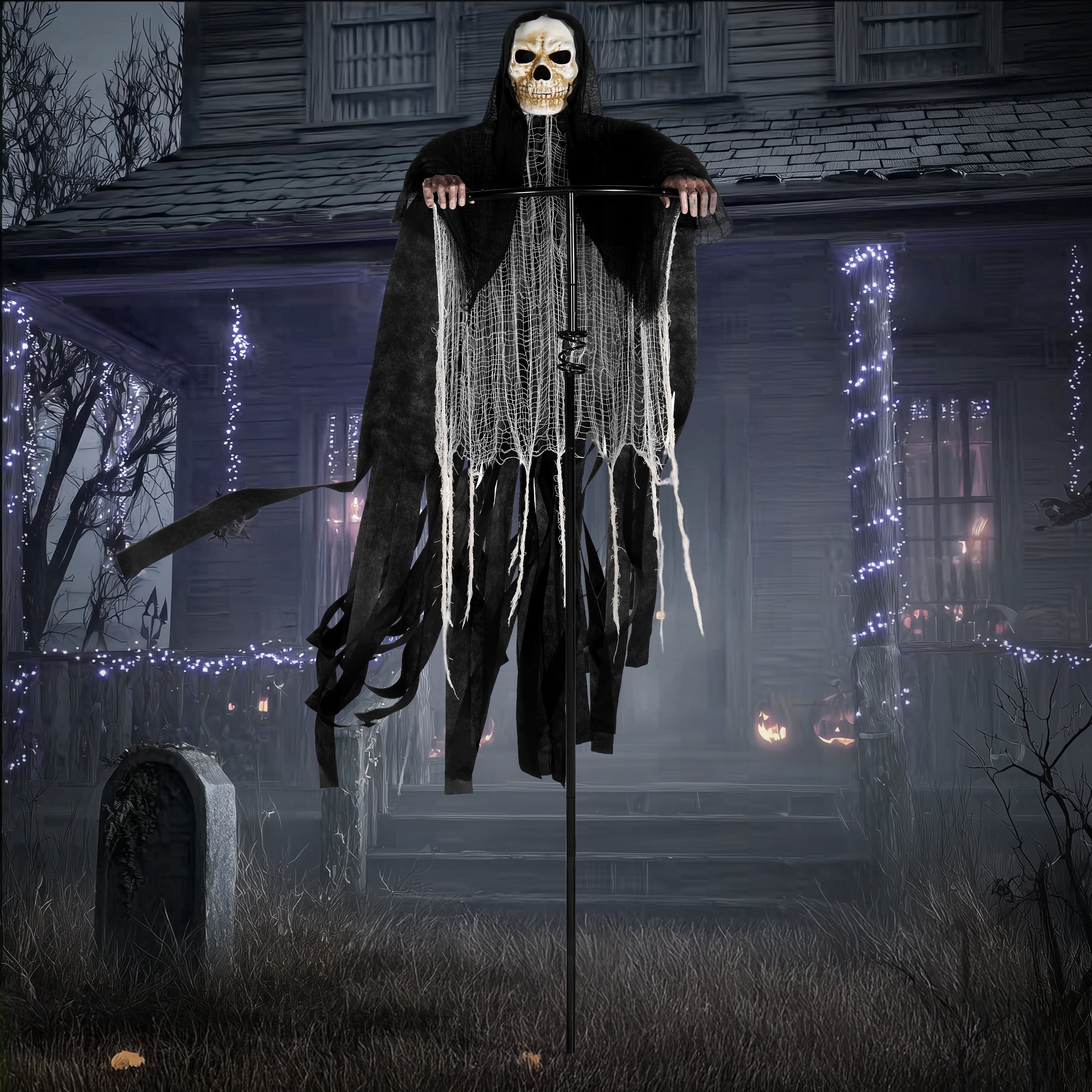 Joyfy 7.8 Ft(93.6 in) Halloween Grim Reaper Decorations Outdoor, Rotatable Flying Scream Scarecrow Skeleton Ghosts Decor for Graveyard Haunted House Props, Garden, Porch, Yard Lawn