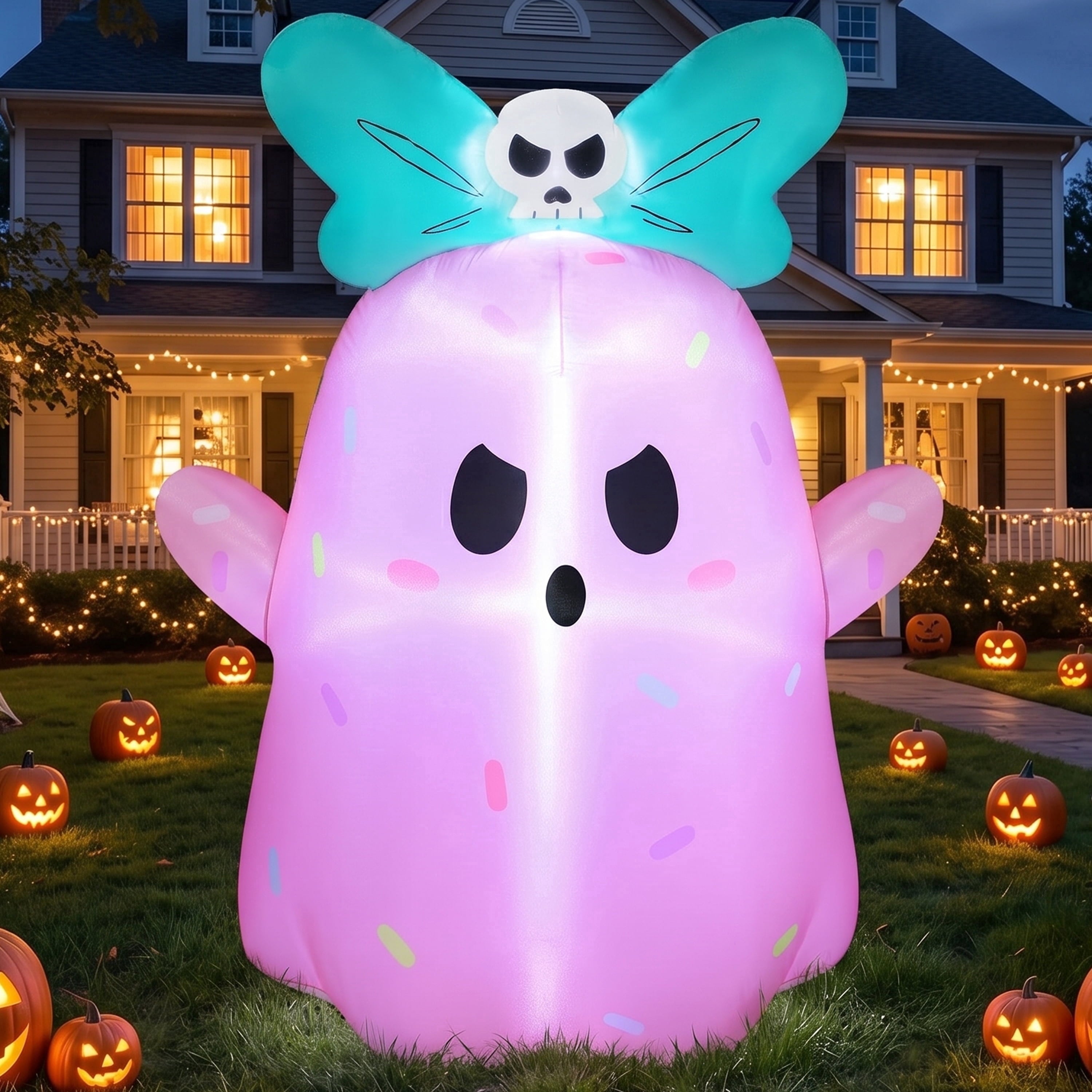 Joyfy 5Ft Halloween Inflatable Pumpkin Ghost with Colorful LED Lights,Halloween Blow Up Cute Decor for Indoor Outdoor Holiday Yard Decoration
