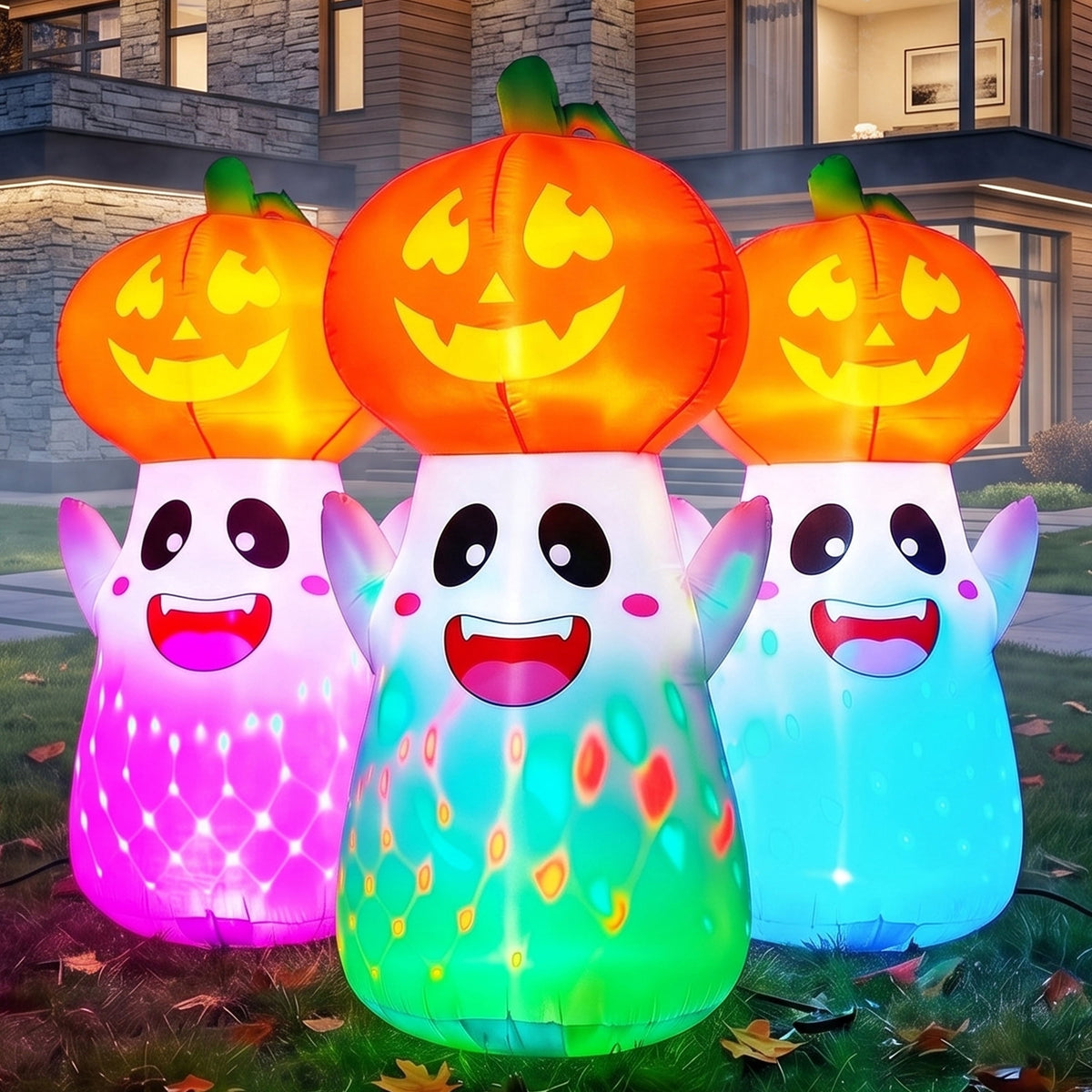 Joyfy 5Ft Halloween Inflatable Pumpkin Ghost with Colorful LED Lights,Halloween Blow Up Cute Decor for Indoor Outdoor Holiday Yard Decoration
