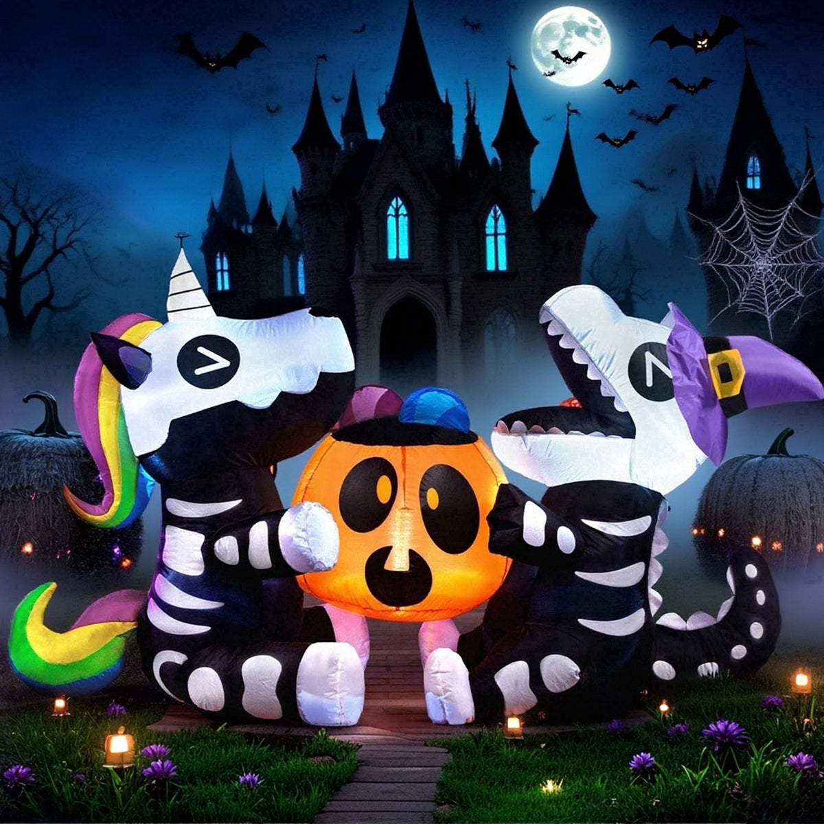 Joyfy 8 FT Halloween Inflatable Skeleton Dinosaur with Build-in LEDs Pumpkin Decorations,Halloween Outdoor Decorations Blow up Yard Decorations