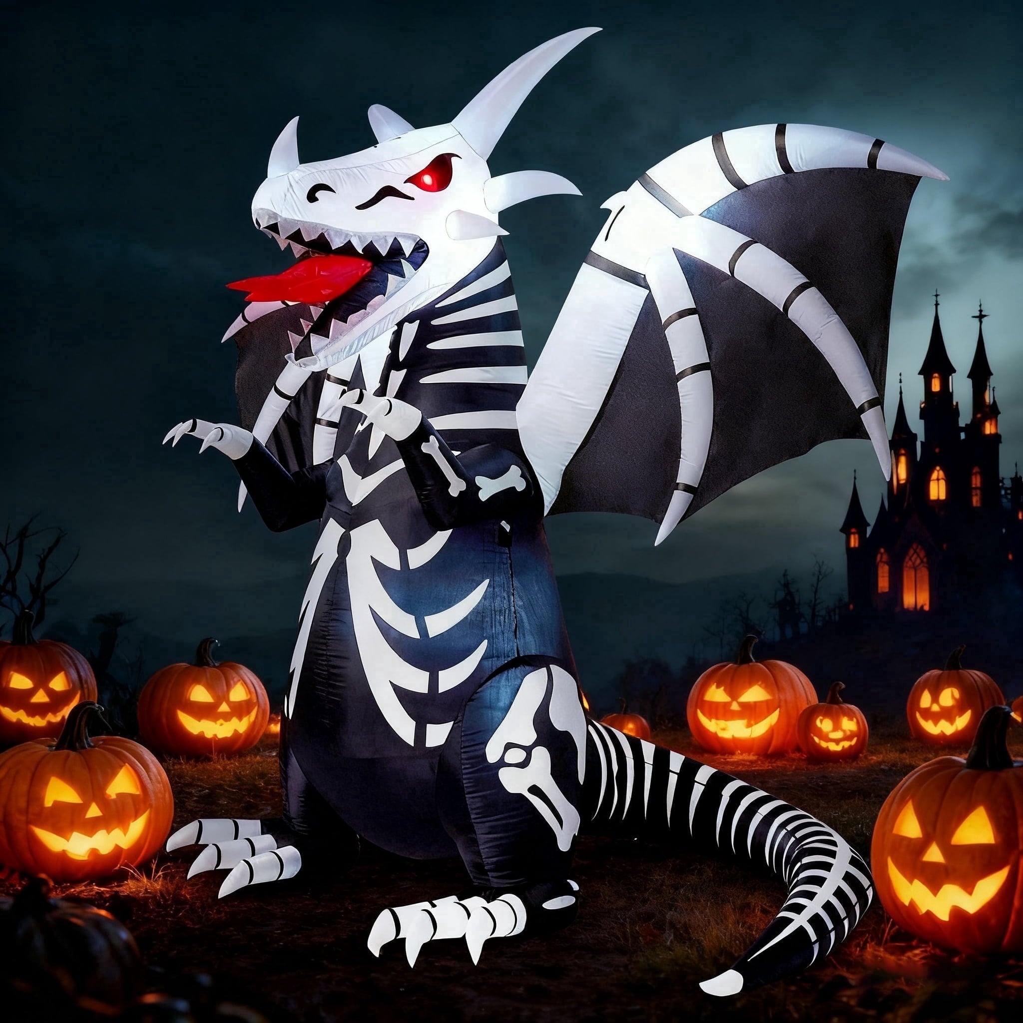 Joyfy 8 FT Halloween Inflatable Skeleton Dinosaur with Build-in LEDs Pumpkin Decorations,Halloween Outdoor Decorations Blow up Yard Decorations