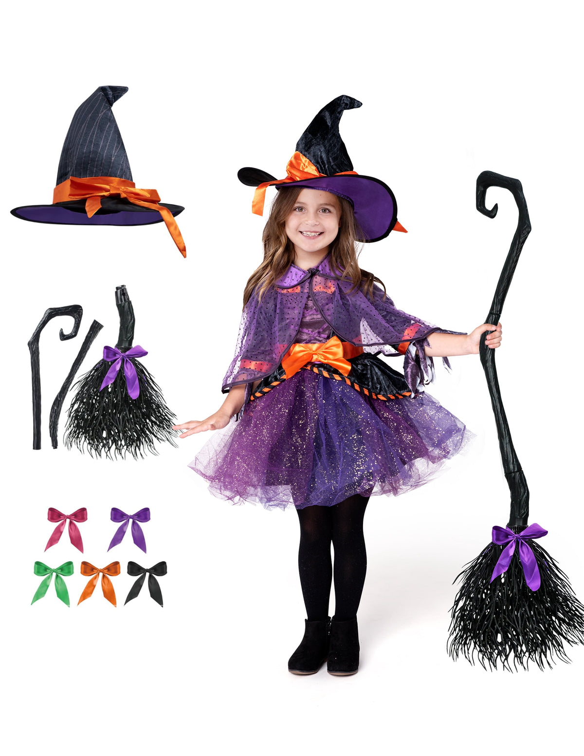 Joyfy Witch Costume for Girls, Purple Witch Dress with Broom Hat for Kids and Toddlers Halloween Dress up Parties
