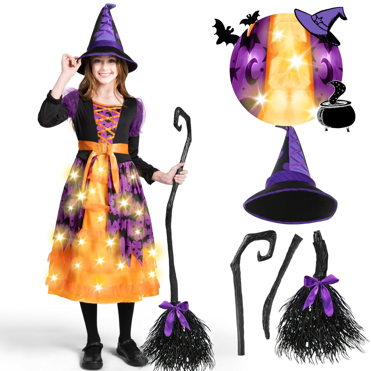 Joyfy Light up Witch Costume for Girls,Starry Witch Dress with Broom Hat for Kids and Toddlers, Perfect for Halloween Party Dress-up Cosplay Age 5-7