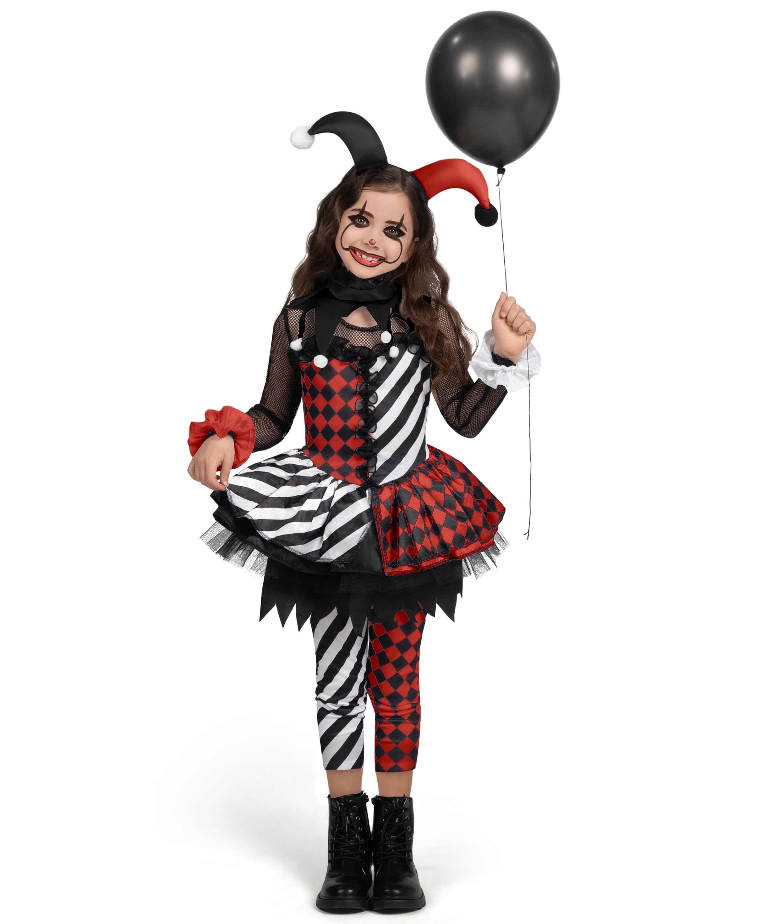 Joyfy Girls Clown Costume, Halloween Evil Clown Costume, Black and Red Jester Dress for Girls Halloween Party Dress Up Cosplay