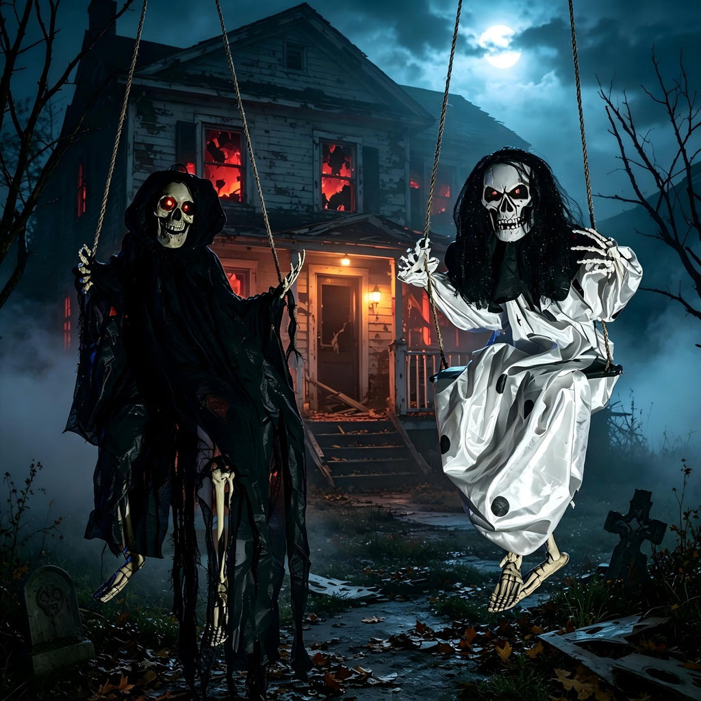 Joyfy 2 Packs Halloween Decorations Outdoor Hanging Swinging Skeleton Ghosts,3 ft Light Up Creepy Grim Reaper Decorations for Halloween Hanging Decorations Indoor Outdoor Yard
