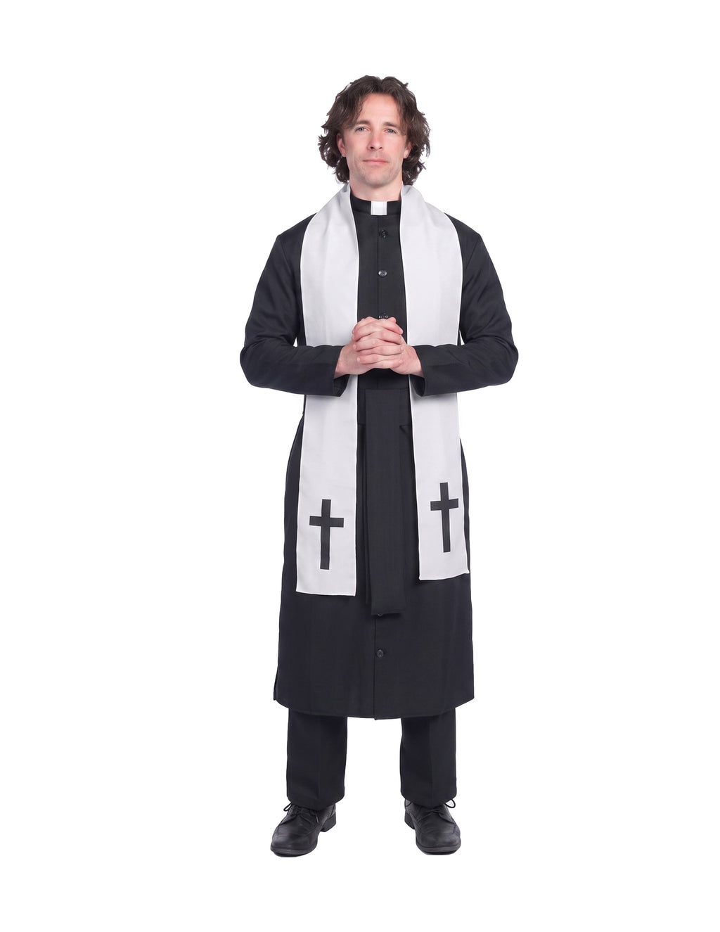 Joyfy Men's Priest Costume Black Priest Father Robe Stole for Halloween Party Dress up Cosplay