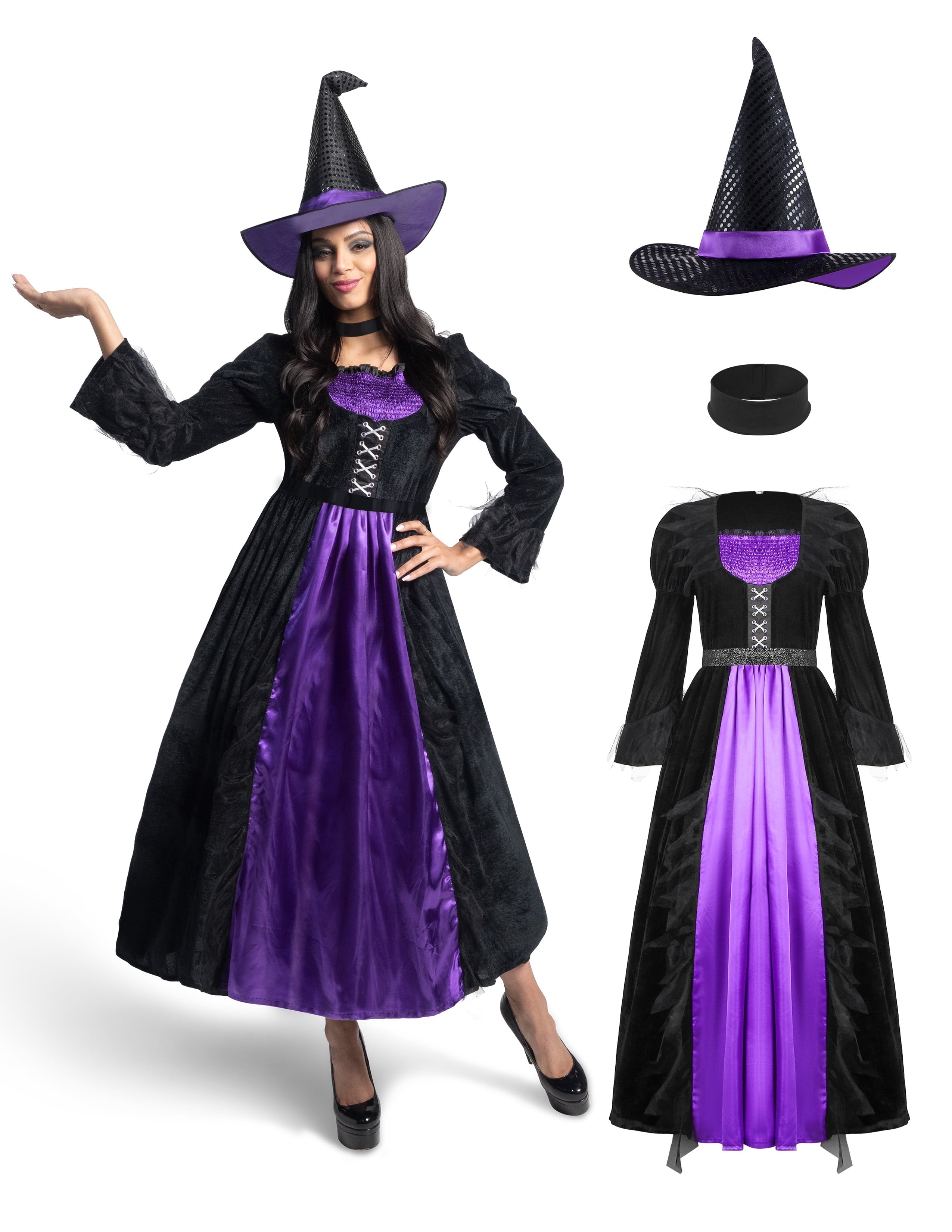 Joyfy Witch Costume for Women, Starry Witch Dress with Belt Hat for Adult Halloween Party Cosplay Dress up