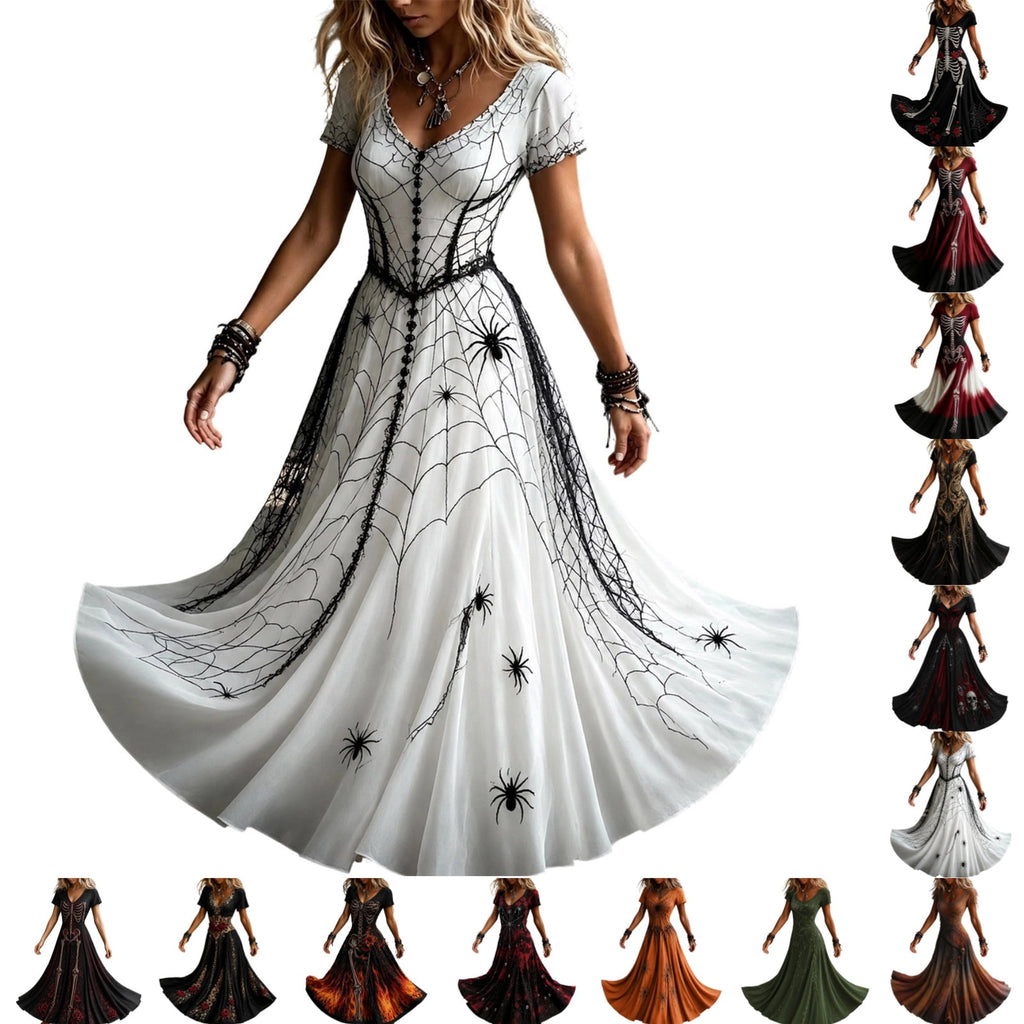 KICILVS Gothic Clothes For Women Black Spiderweb And Spider Print Flowing V Neck Long Maxi Dress Halloween Cosplay Gothic Party Dress