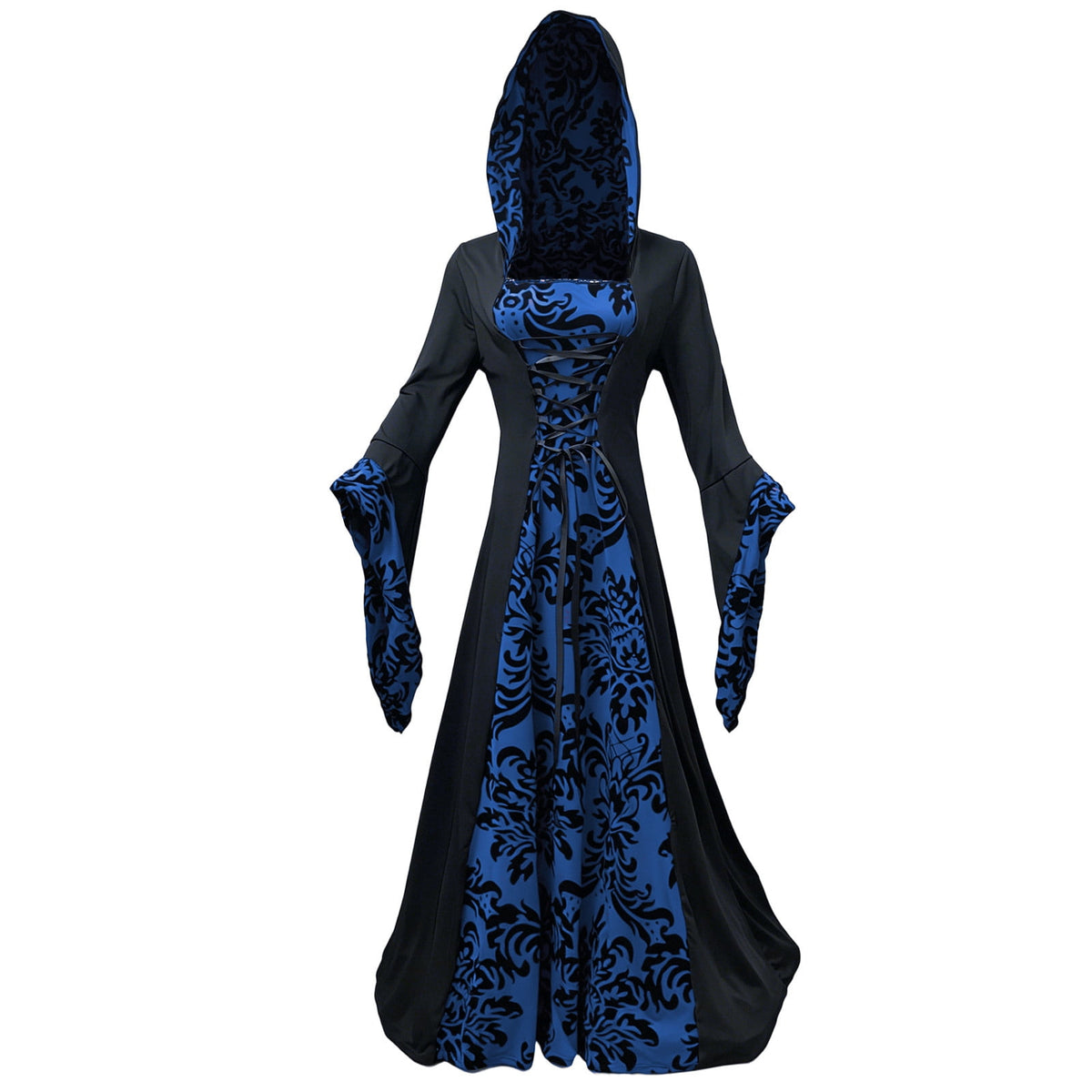 KICILVS Witch Costume Women Hooded Gothic Robe Corset Waist Bell Sleeve Maxi Length Damask Print Vampire Cloak Outfit White
