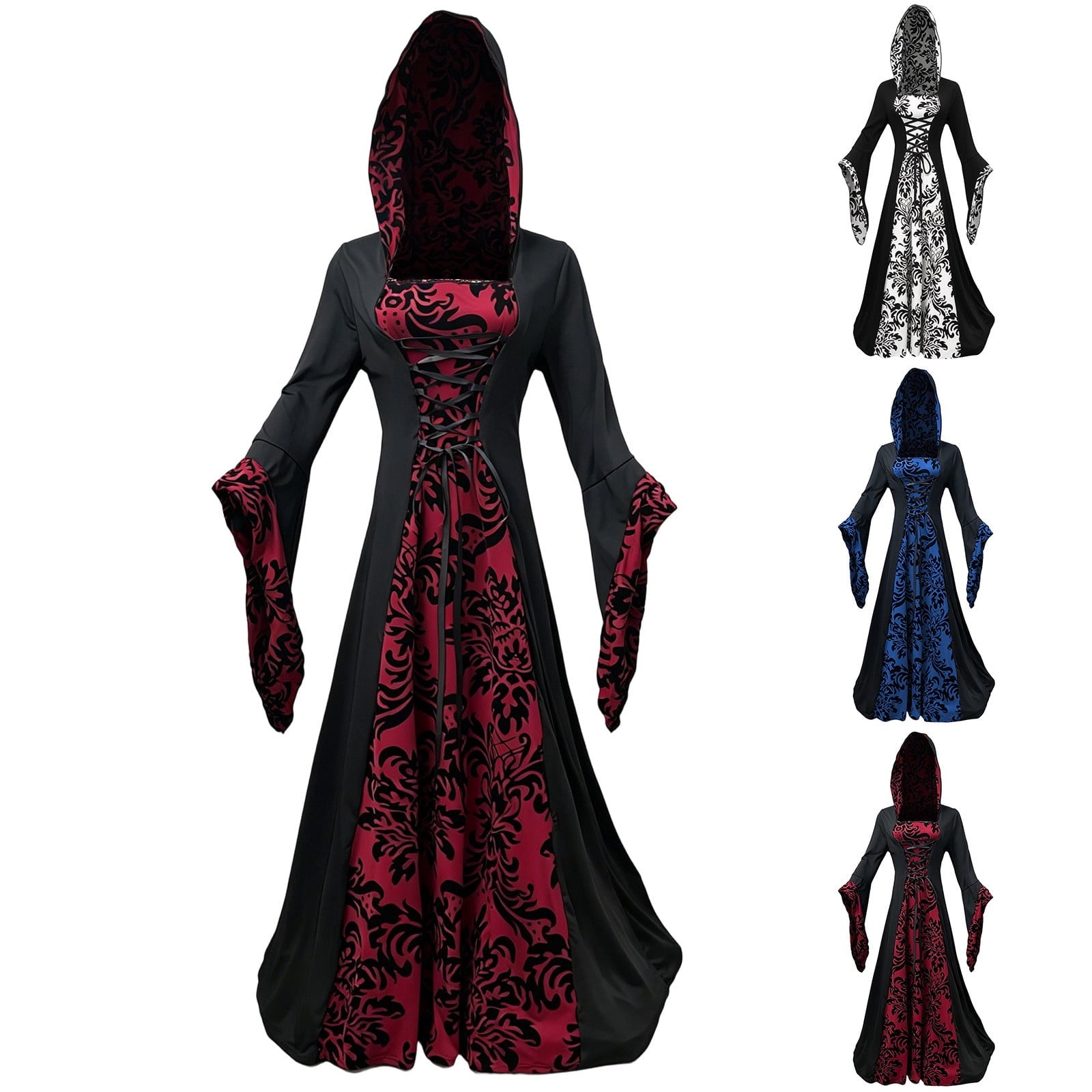 KICILVS Witch Costume Women Hooded Gothic Robe Corset Waist Bell Sleeve Maxi Length Damask Print Vampire Cloak Outfit White