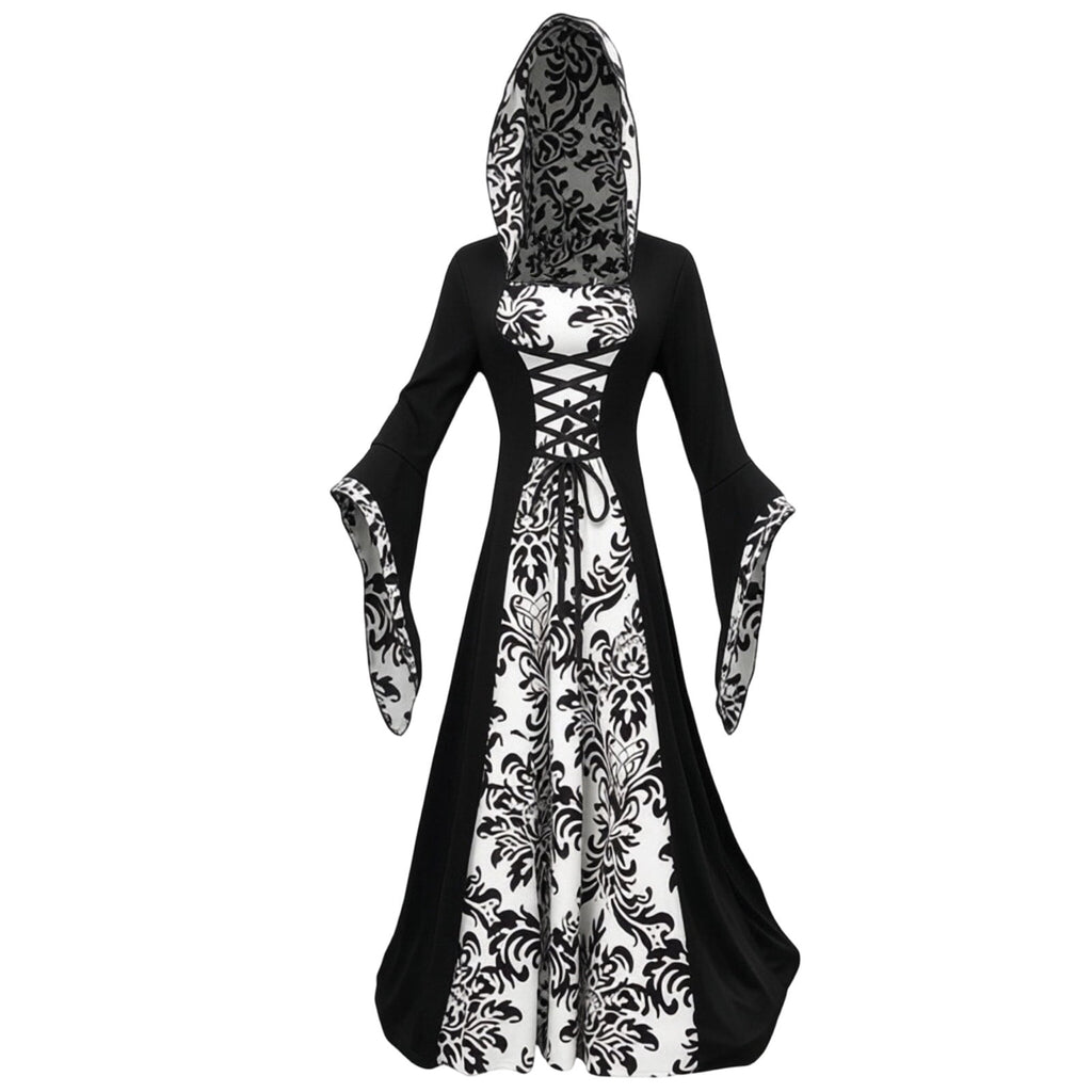 KICILVS Witch Costume Women Hooded Gothic Robe Corset Waist Bell Sleeve Maxi Length Damask Print Vampire Cloak Outfit White