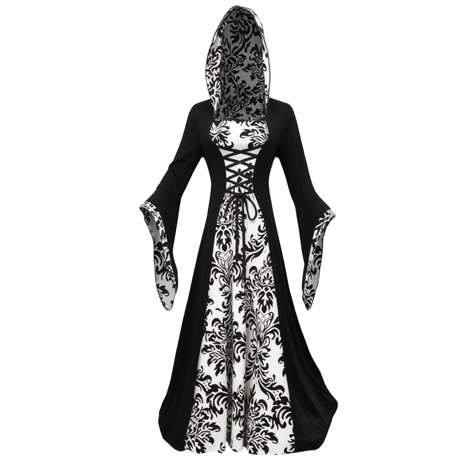 KICILVS Witch Costume Women Hooded Gothic Robe Corset Waist Bell Sleeve Maxi Length Damask Print Vampire Cloak Outfit White