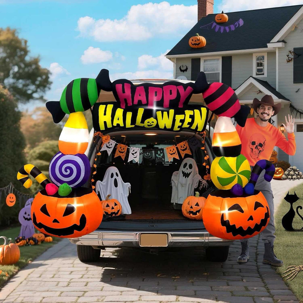 Kalolary 6FT Height Halloween Inflatables Trunk or Treat Car Decorations, Candy Pumpkin Arch Blow up Decorations with Built-in LED Lights Up for Halloween Party Lawn Yard SUV Car Luggage Decor