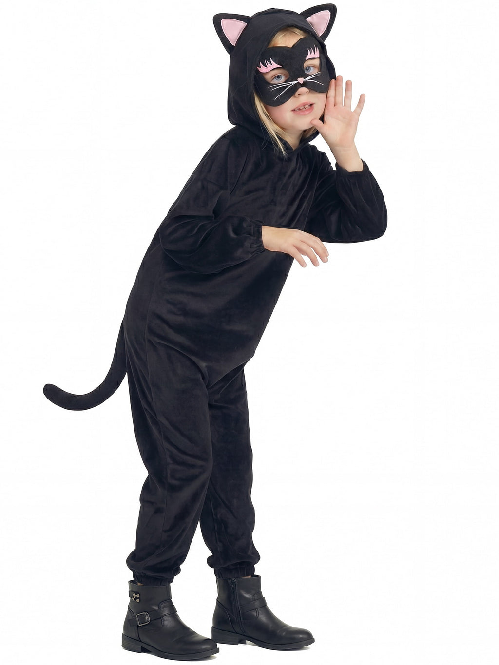 Kids Black Cat Costume with Hero Mask, Kitties Jumpsuit Fancy Dress Outfit Boys Girls for Halloween