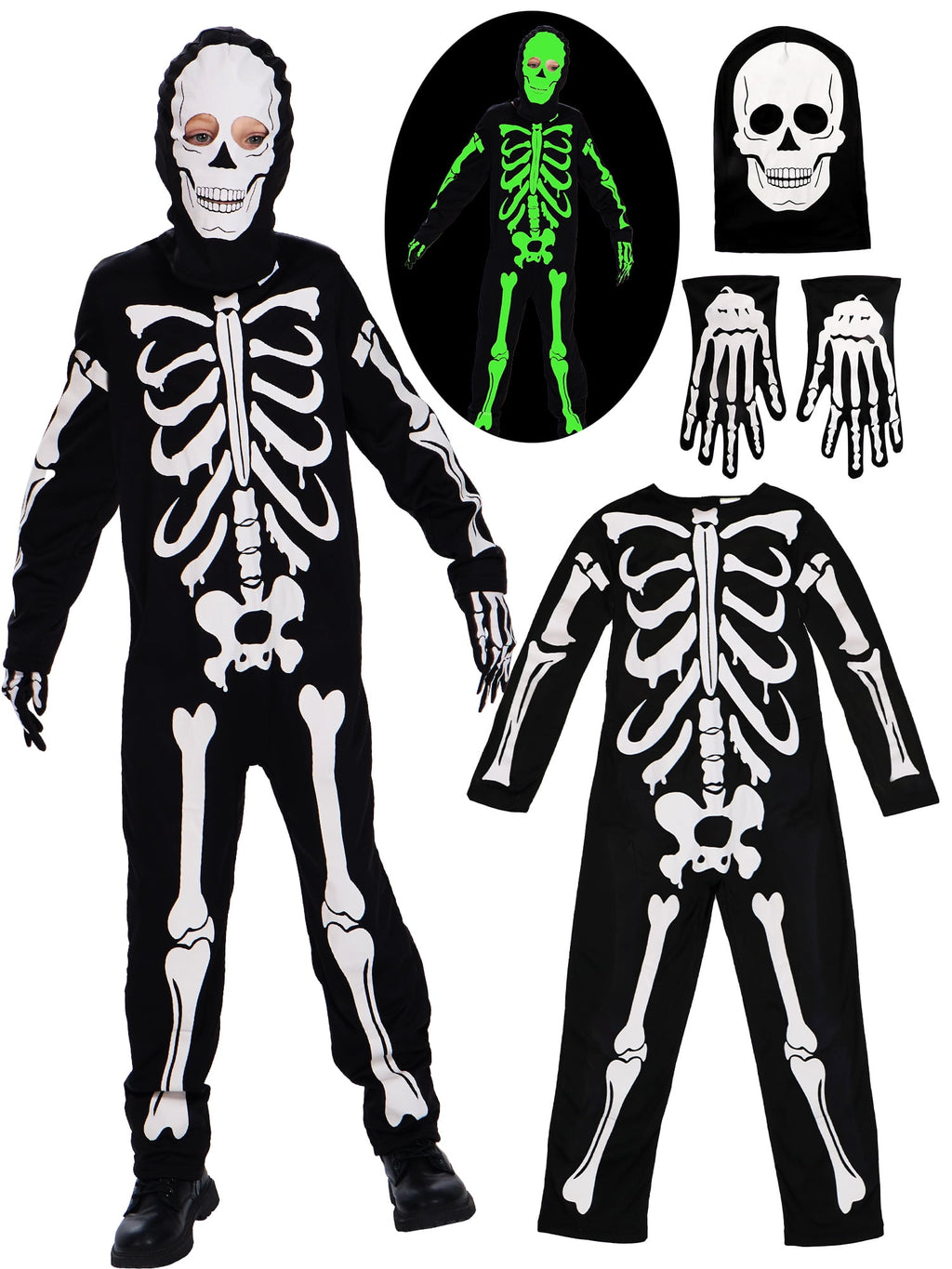 Kids Boys Halloween Skeleton Costume Glowing in The Dark with Mask Gloves Fancy Dress Outfit Green 4-12 Years