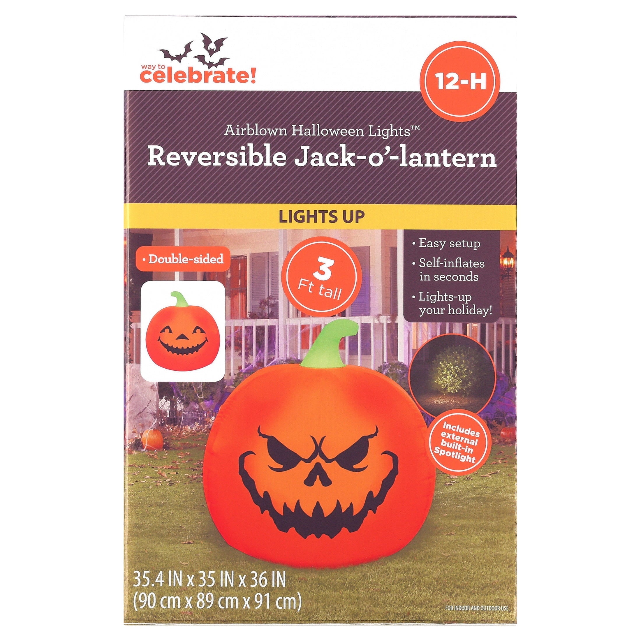 Reversible Jack-o'-Lantern Airblown Yard Inflatable, Multicolor, 3', Halloween by Way To Celebrate