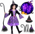 Sefiry Light-Up Witch Halloween Costume for Girls, LED Glowing Dress, Hat & Broom Set, 5-7T