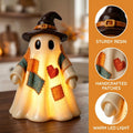 Lighted Vintage Patchwork Ghost, Rustic Farmhouse Halloween LED Light Up Ghost with Pumpkin Lantern, Spooky Cute Fall Decor for Mantel, Shelf, Tiered Tray, Entryway Porch Tabletop