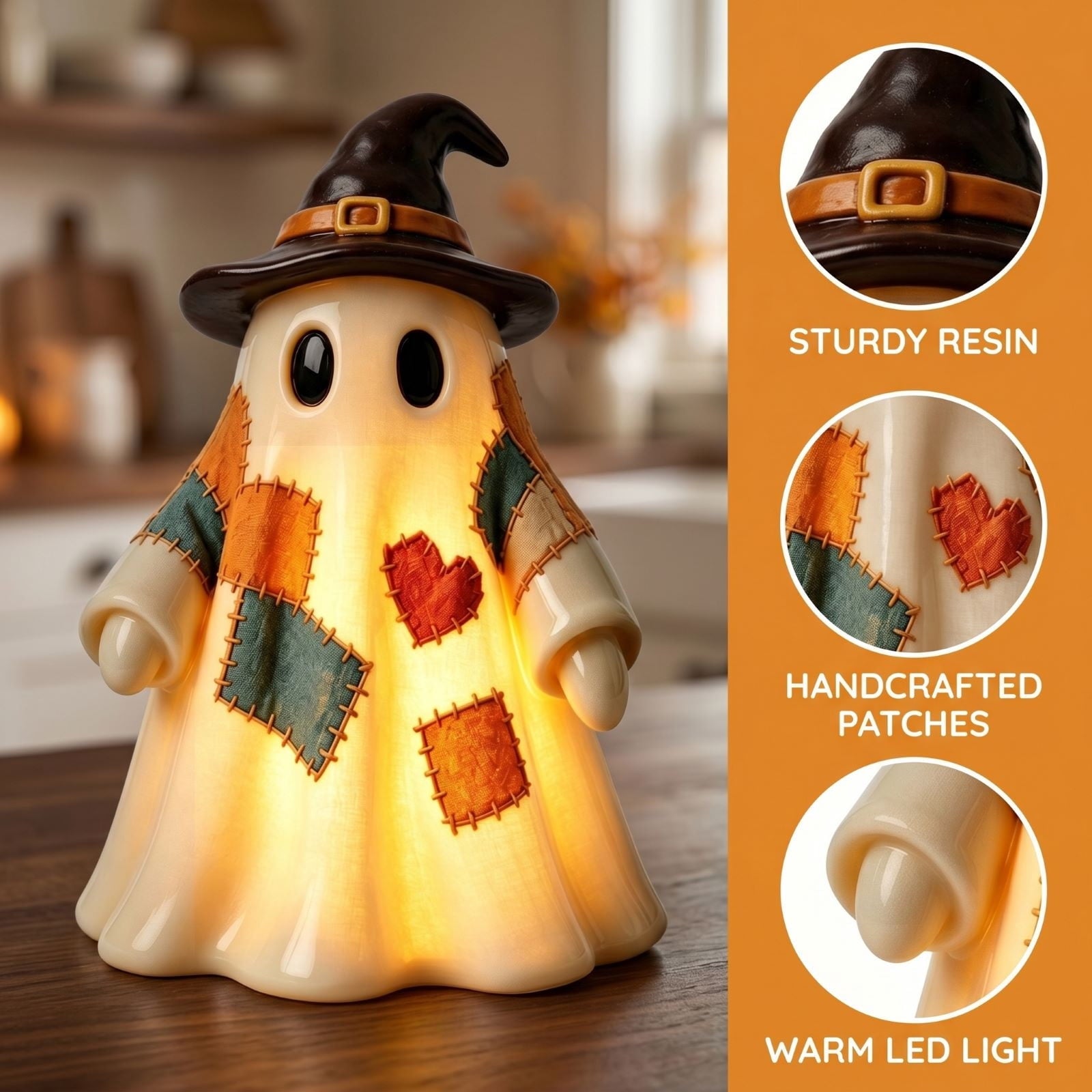Lighted Vintage Patchwork Ghost, Rustic Farmhouse Halloween LED Light Up Ghost with Pumpkin Lantern, Spooky Cute Fall Decor for Mantel, Shelf, Tiered Tray, Entryway Porch Tabletop
