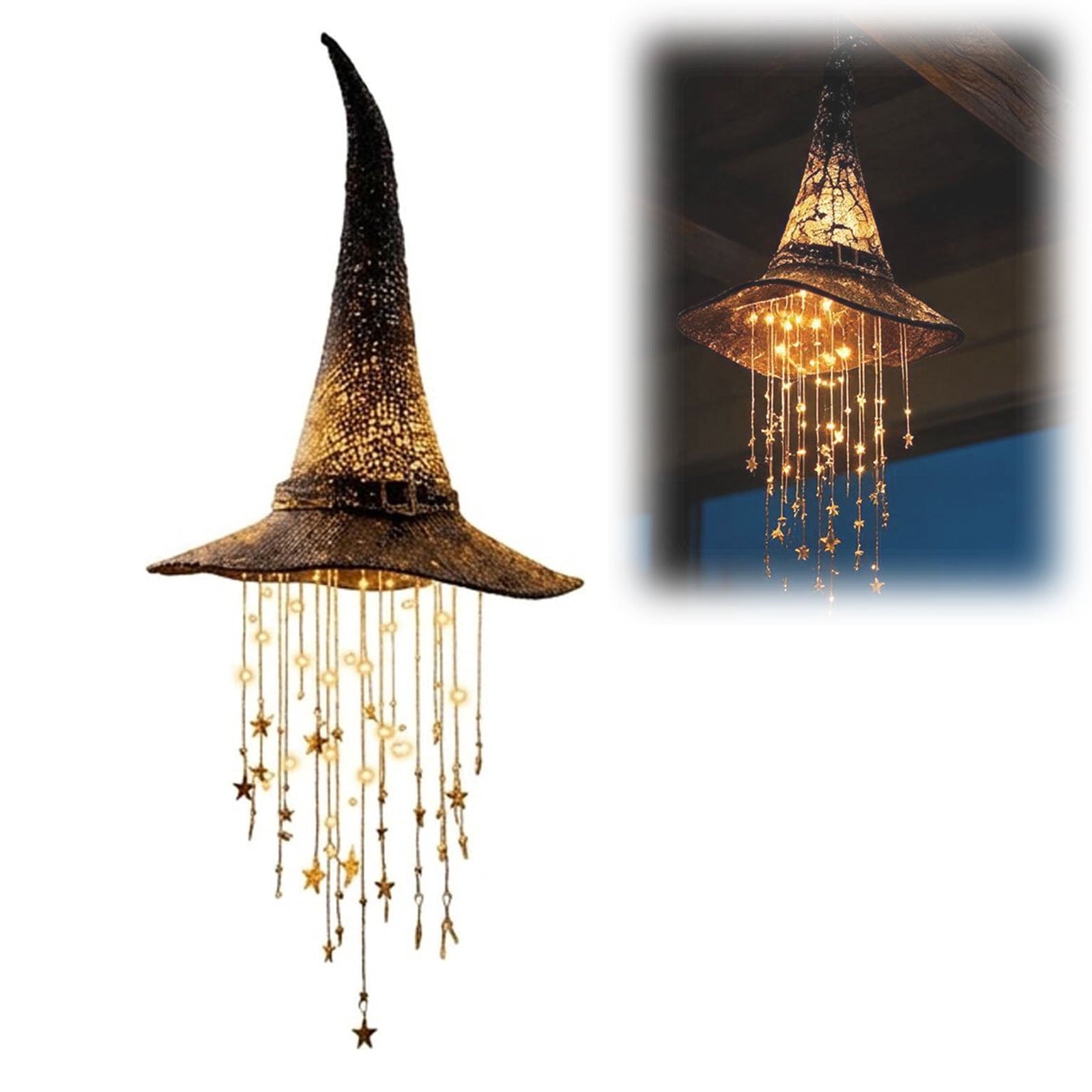 Lighted Witch Hat Hanging Decor, LED Halloween Witch Hat Decoration with Star Tassels for Porch, Window & Indoor Outdoor Holiday Display