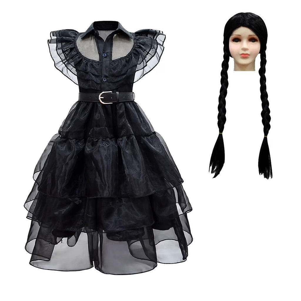 Little Girls Black Dress Halloween Cosplay Party Costume+Wig