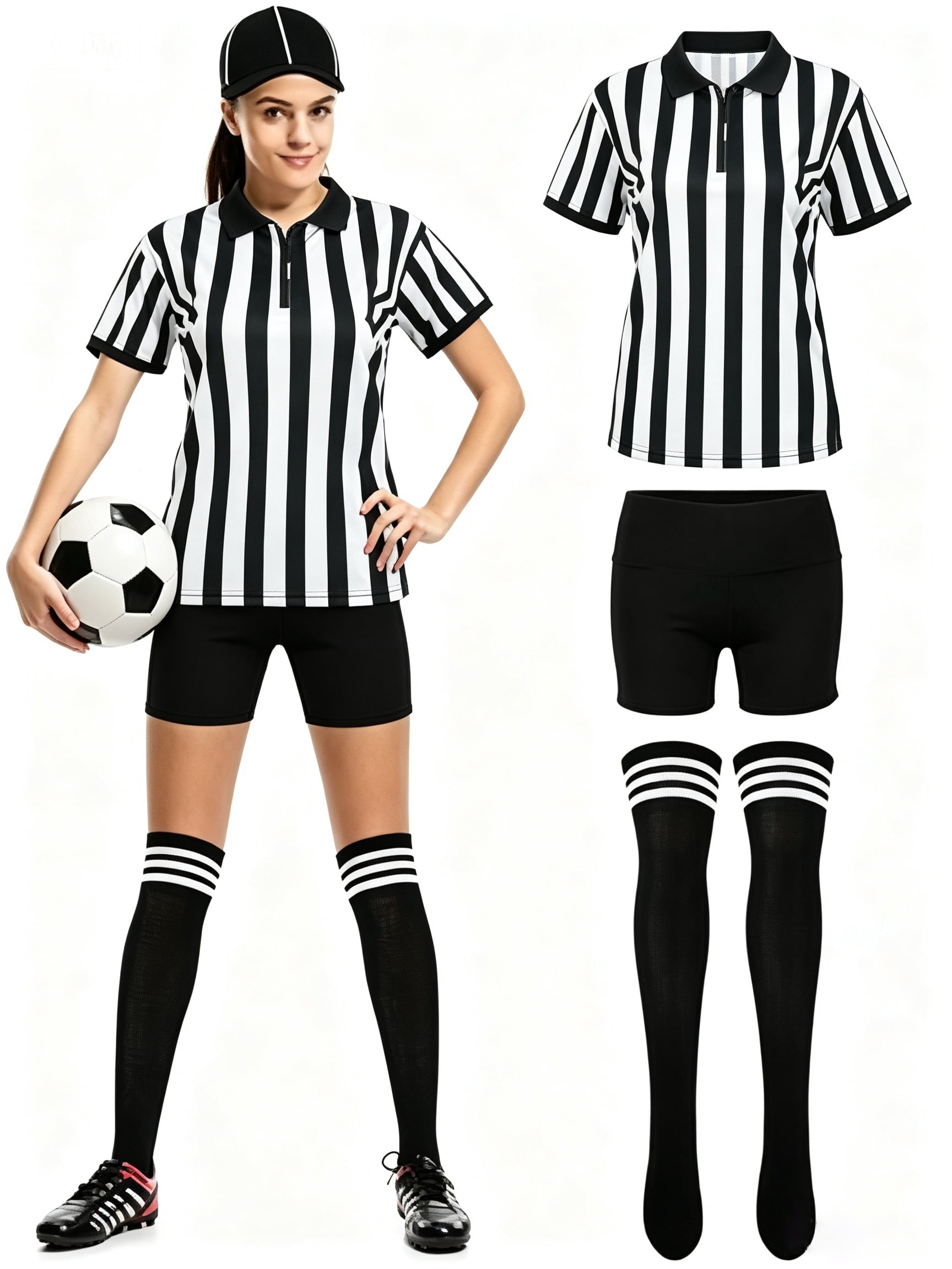 MARTINE MALL 4 Pcs Women Referee Costume Black and White Stripe Ref Shirt Jersey Shorts Referee Hat for Halloween Party Costumes Outfits