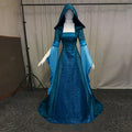 Medieval Renaissance Hooded Dress for Women, Silver Gothic Witch Costume with Lace-Up Corset, Vintage Velvet Long Sleeve Gown for Halloween Cosplay Renaissance Wedding Themed Party-Dark Blue/L