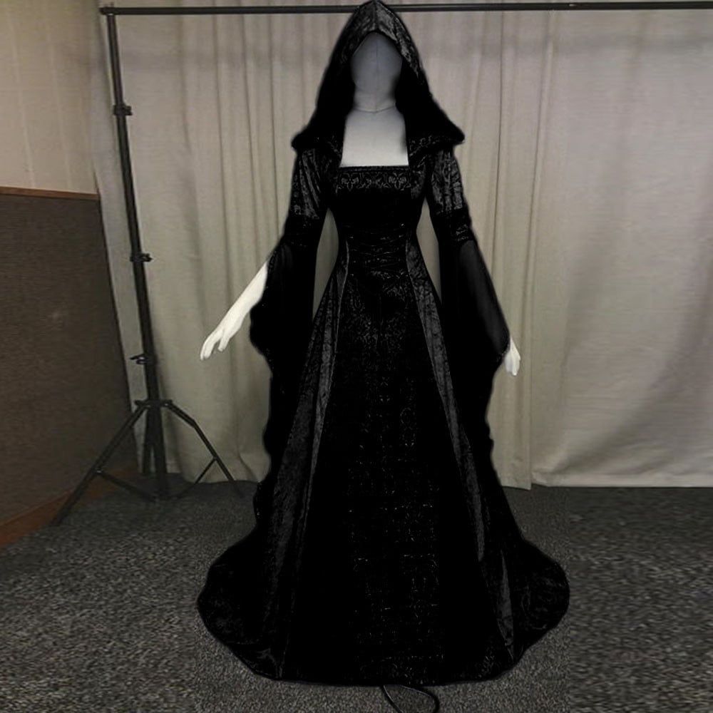 Women Gothic Cold Shoulder Midi Dress, Sheer Flare Bell Sleeve Front Corset Irregular Witch Costume Dress, Adult Halloween Dark Aesthetic Vintage Formal Evening Cosplay Party Outfit(Navy-2/M)