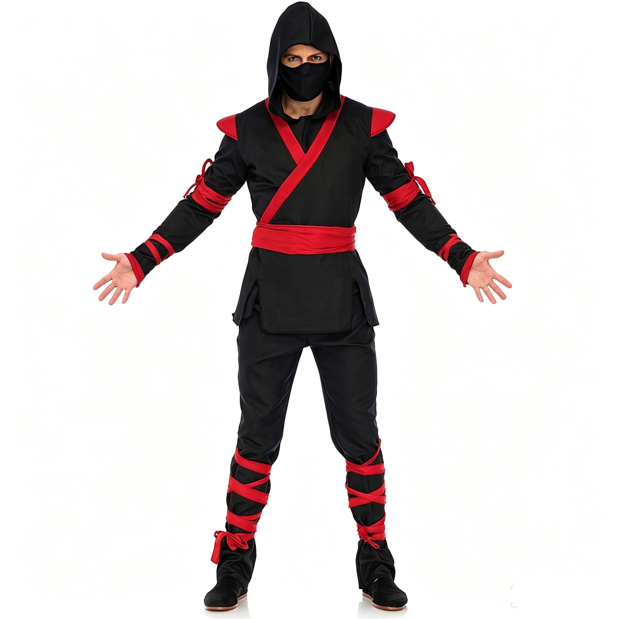 Men Ninja Costume Outfit, Complete Black‑Red Ninja Hooded Suit with Face Mask for Adult, Halloween Cosplay Theme Party Fancy Dress for Men