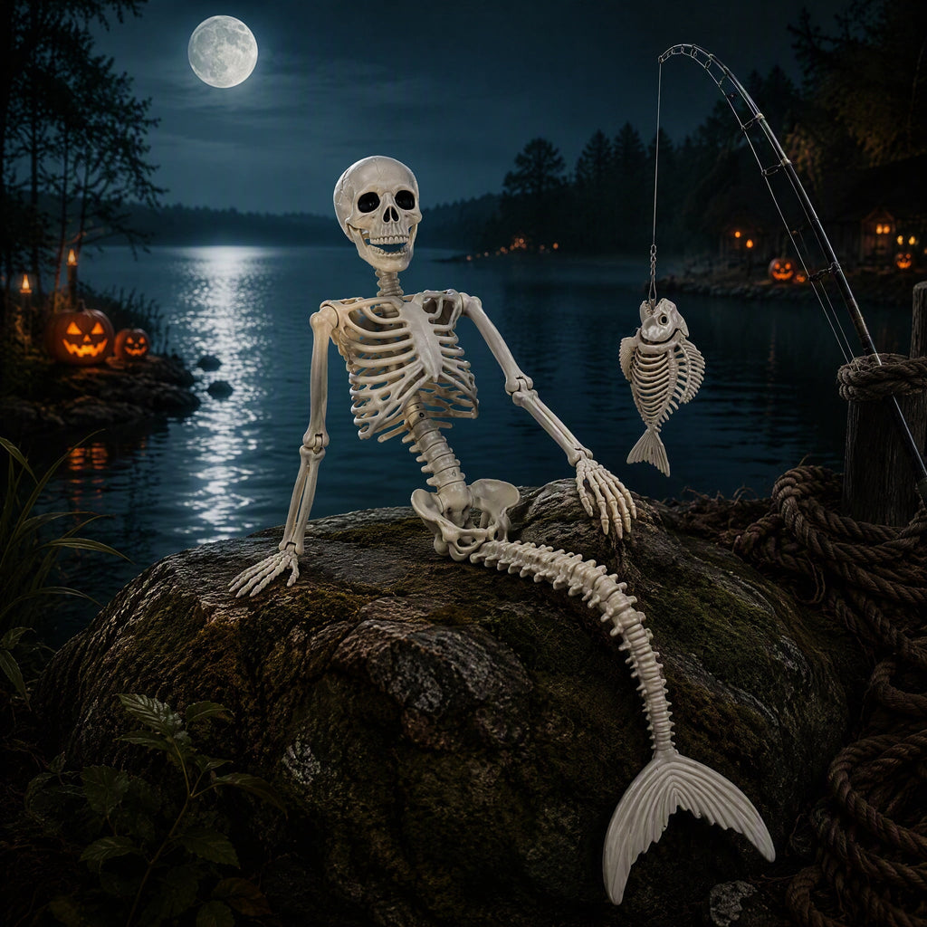 36inch Halloween mermaid skeleton, with flexible joints, can be posed and hung, suitable for Halloween indoor and outdoor decorations, parties, horror scenes and other occasions