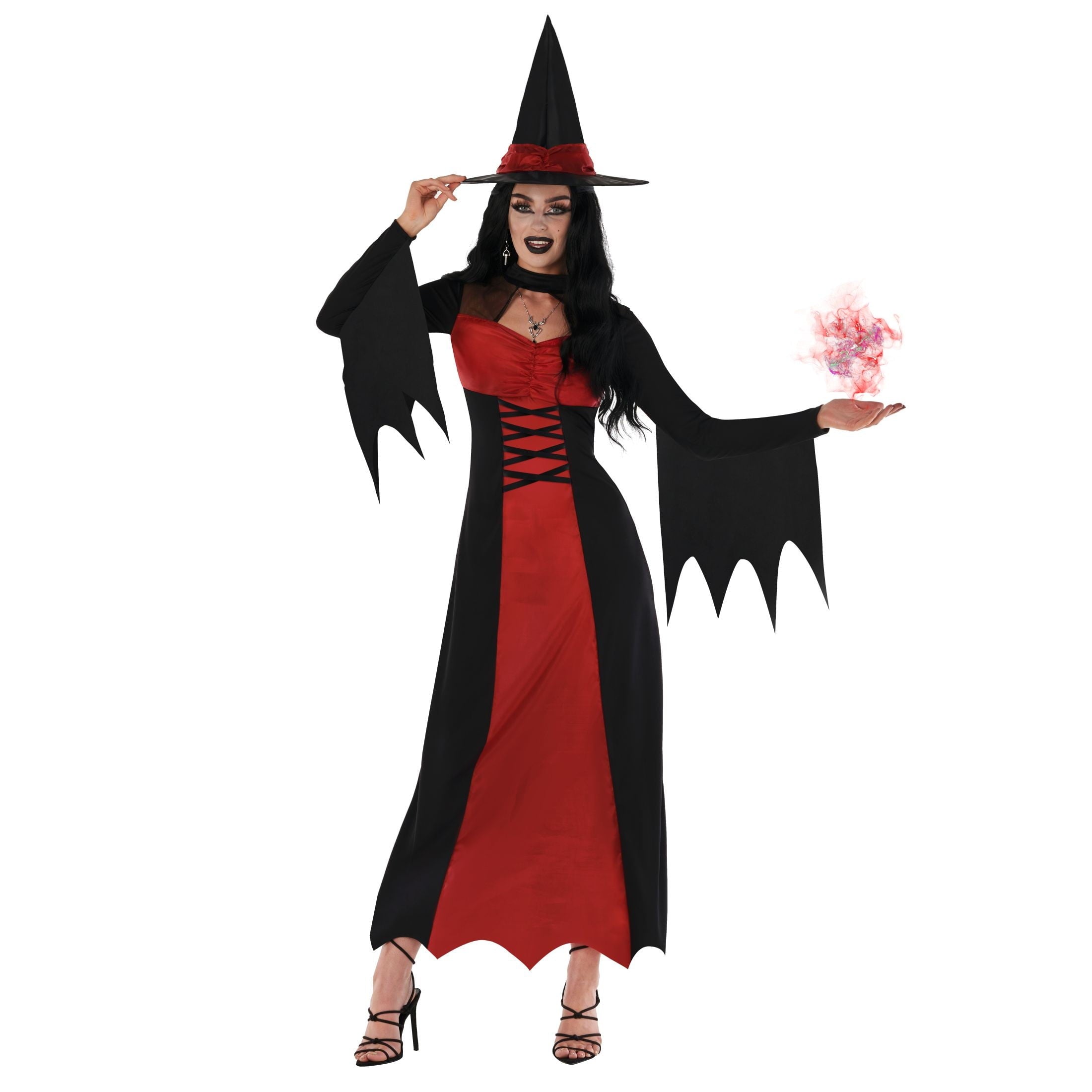 Morph Womens Long Red Witch Costume & Hat Ladies Wicked Halloween Fancy Dress Halloween Red M
