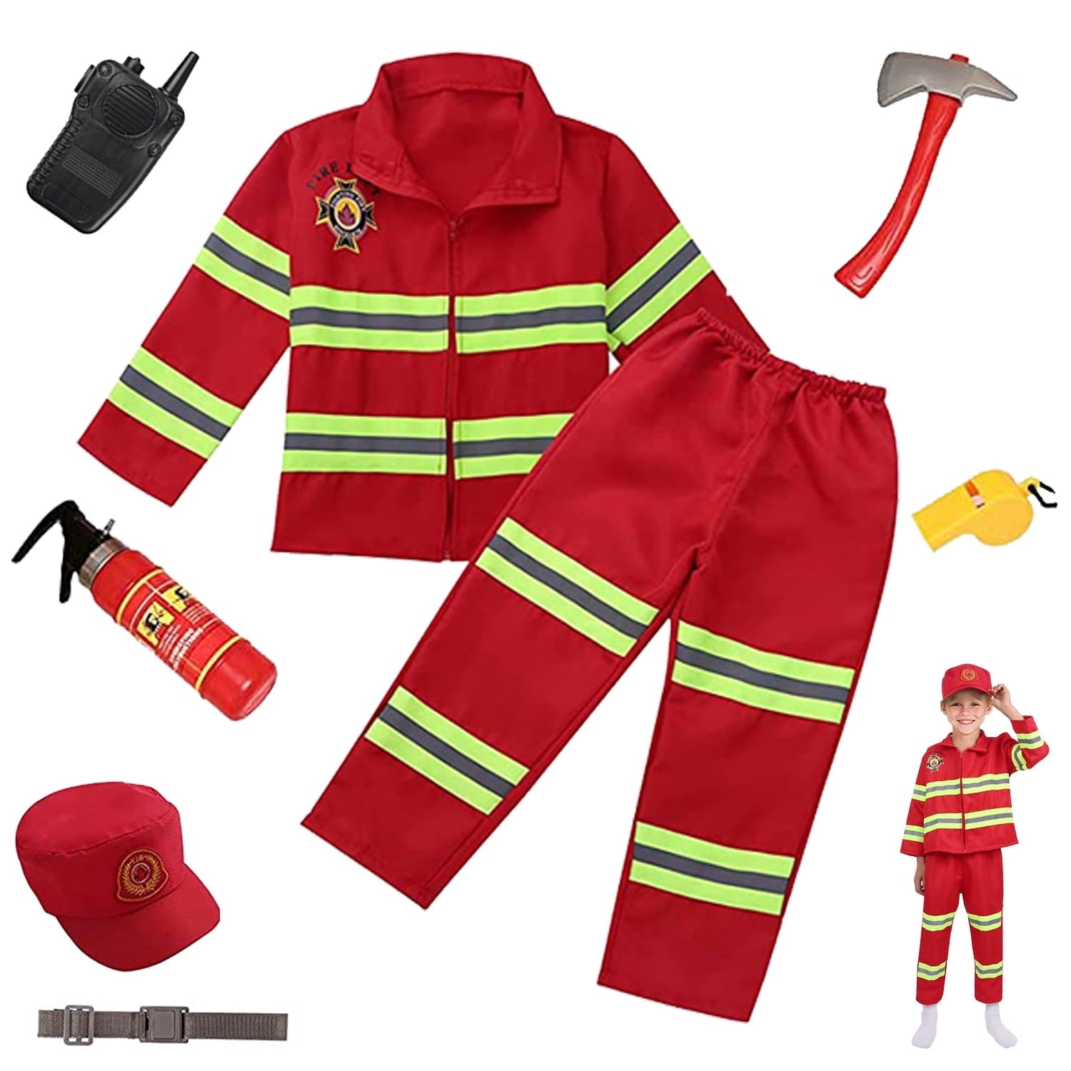 NimJoy Fireman Halloween Costume Dress-up Set Pretend Role Play Firefighter Realistic Outfit Kit Preshool Toy for Boys 3-6 Years Toddler Birthday Christmas Present, 8Pcs Red