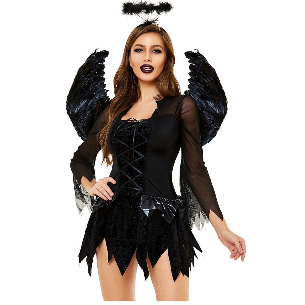 Odeerbi Dresses for Women Winged Black Angel Clothing Short Sleeve Square Neck Dress Black