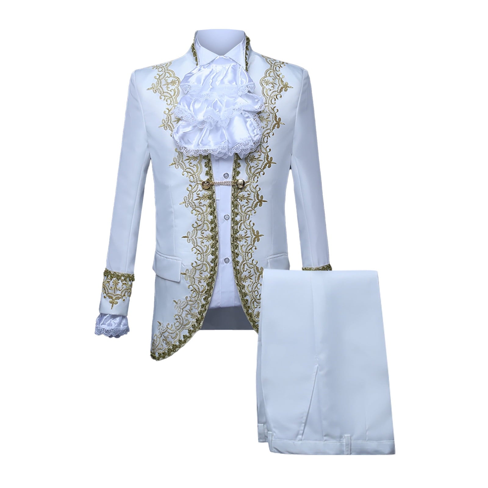 Odeerbi Mens Steampunk Tailcoat Gothic Medieval Gold Embroidery Jacket Halloween Tuxedo Coat Frock Uniform European Court Performances Prince Uniforms Coat White